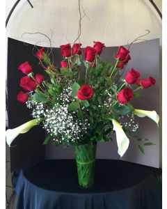 Two Dozen Roses and Calla Lilies
