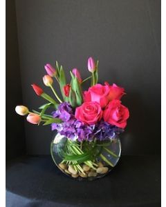 Half Moon Vase of Tulips and Roses