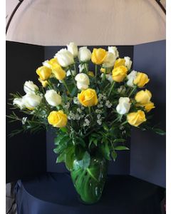 Three dozen roses in White and Yellow