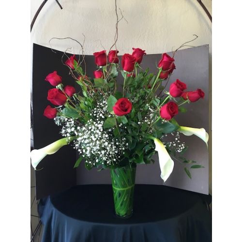 Two Dozen Roses and Calla Lilies